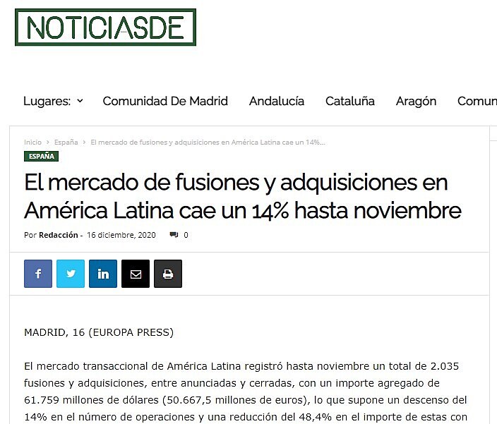 El mercado de fusiones y adquisiciones en Amrica Latina cae un 14% hasta noviembre